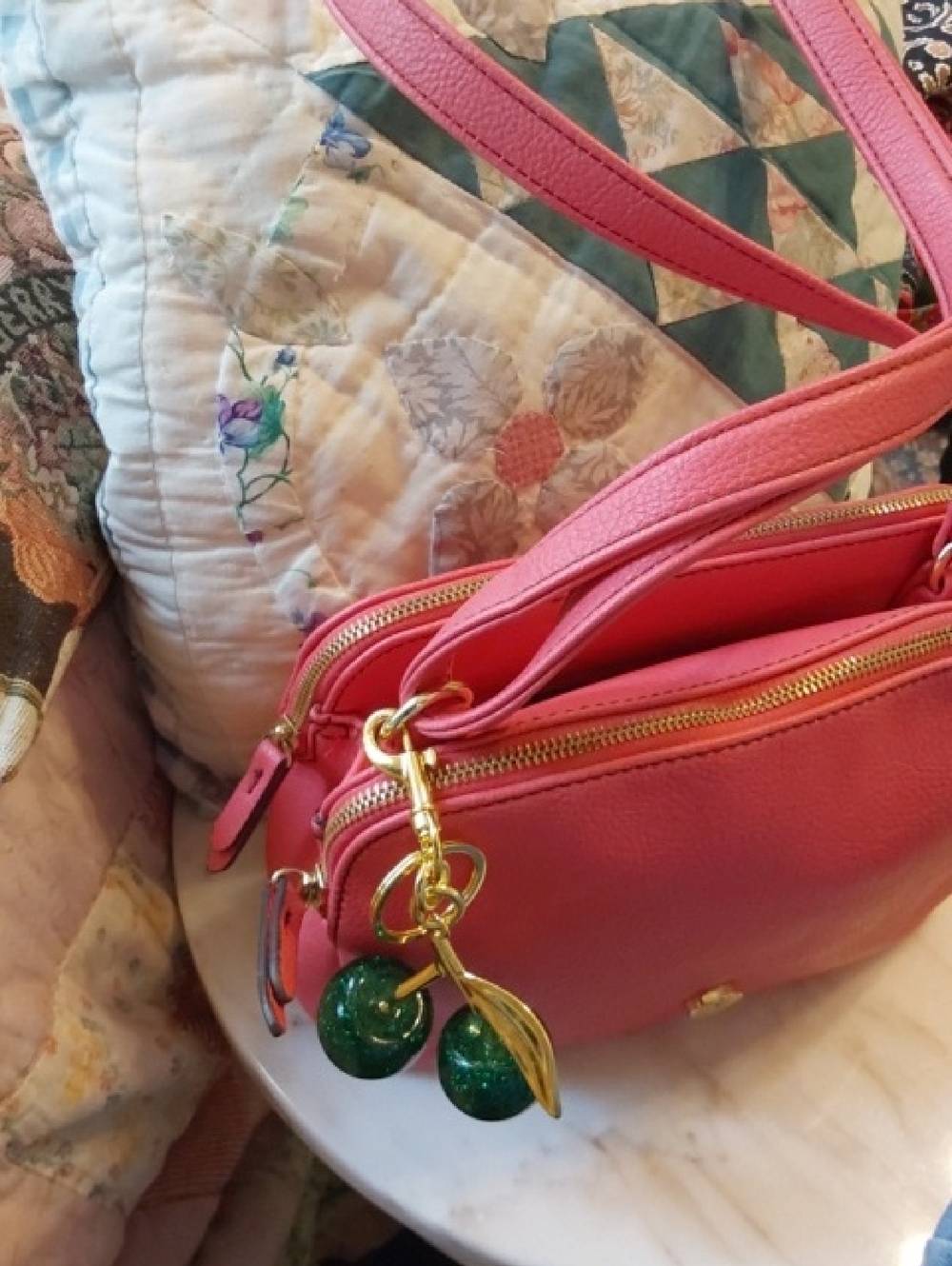 NWOT Green Resin Cherries Bag Charm, Large Goldtone Key Chain - Picture 6 of 7